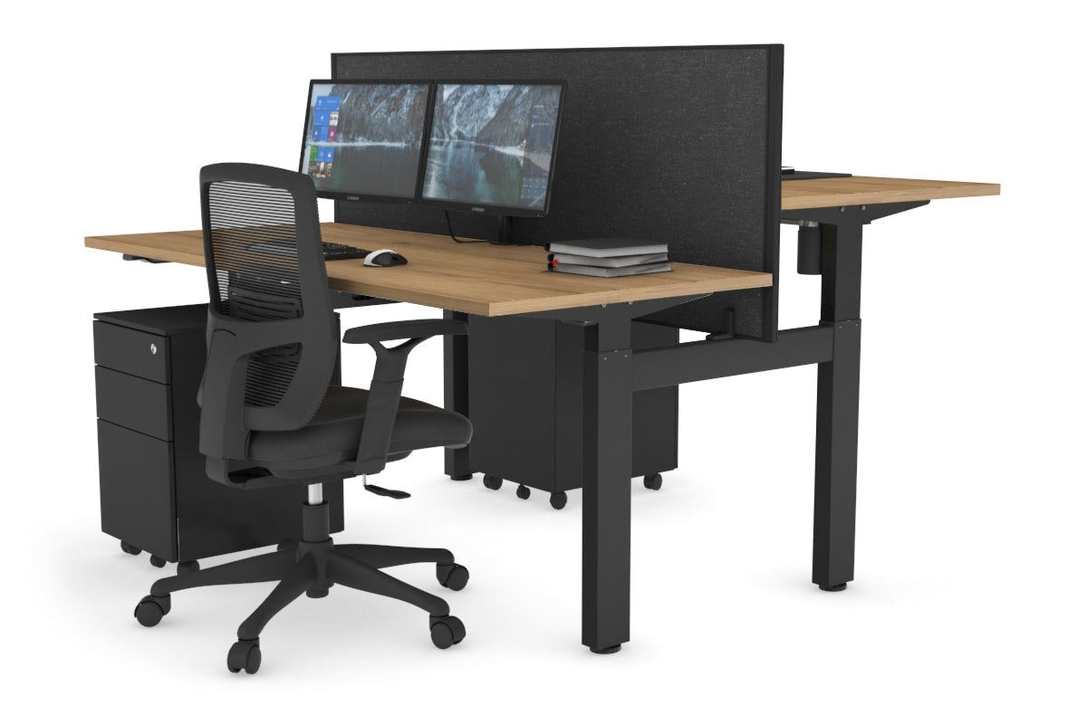 Just Right Height Adjustable 2 Person H-Bench Workstation - Black Frame [1400L x 700W] Jasonl salvage oak moody charcoal (820H x 1400W) none