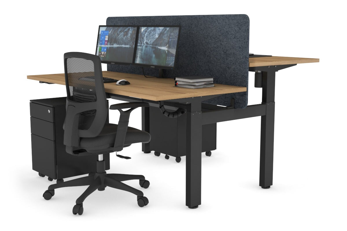 Just Right Height Adjustable 2 Person H-Bench Workstation - Black Frame [1600L x 700W] Jasonl salvage oak dark grey echo panel (820H x 1600W) black cable tray