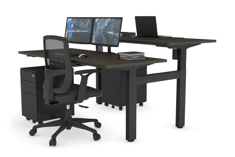 Just Right Height Adjustable 2 Person H-Bench Workstation - Black Frame [1600L x 700W] Jasonl dark oak none none