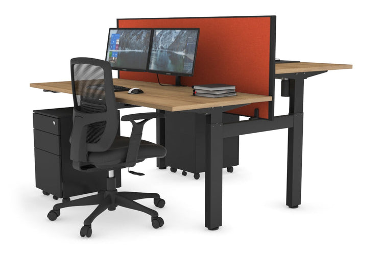 Just Right Height Adjustable 2 Person H-Bench Workstation - Black Frame [1600L x 700W] Jasonl salvage oak squash orange (820H x 1600W) none