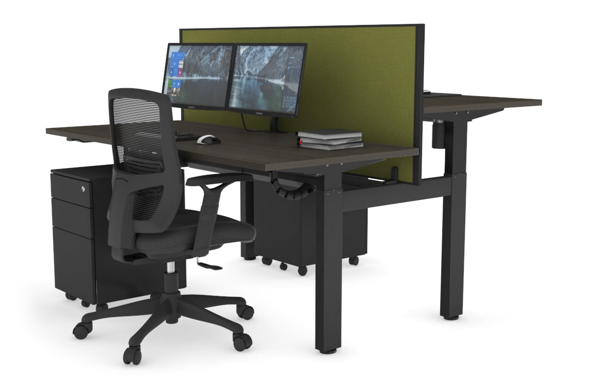 Just Right Height Adjustable 2 Person H-Bench Workstation - Black Frame [1600L x 700W] Jasonl dark oak green moss (820H x 1600W) black cable tray