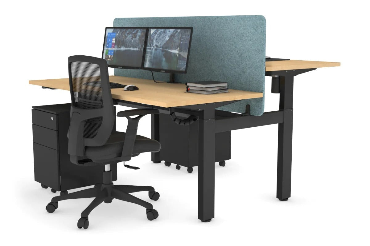Just Right Height Adjustable 2 Person H-Bench Workstation - Black Frame [1600L x 700W] Jasonl maple blue echo panel (820H x 1600W) black cable tray