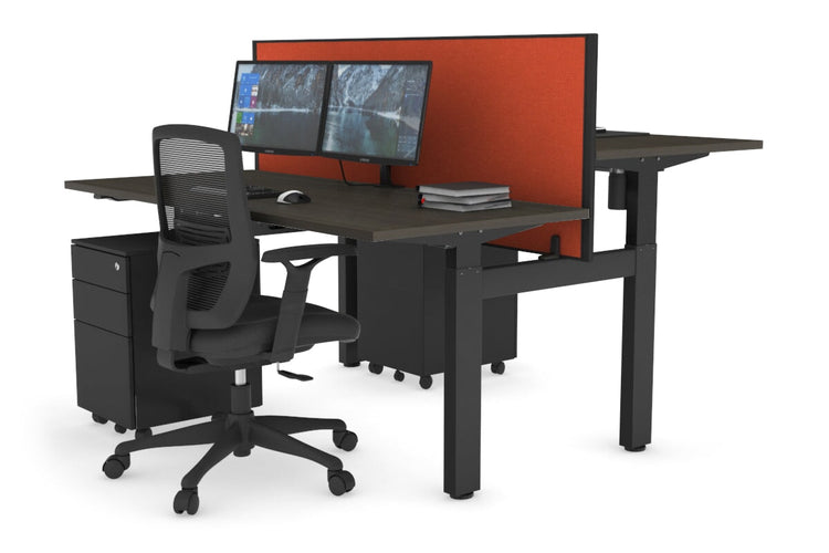 Just Right Height Adjustable 2 Person H-Bench Workstation - Black Frame [1600L x 700W] Jasonl dark oak squash orange (820H x 1600W) none