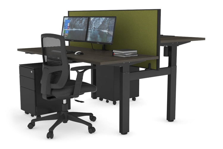 Just Right Height Adjustable 2 Person H-Bench Workstation - Black Frame [1600L x 700W] Jasonl dark oak green moss (820H x 1600W) none