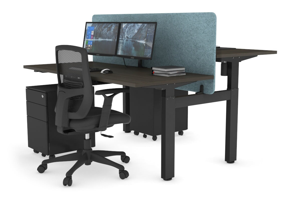 Just Right Height Adjustable 2 Person H-Bench Workstation - Black Frame [1600L x 700W] Jasonl dark oak blue echo panel (820H x 1600W) none