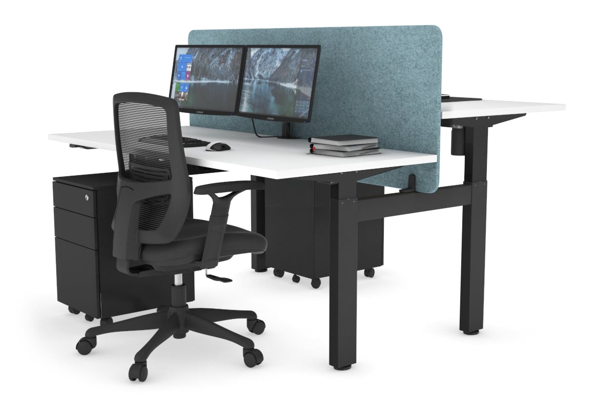 Just Right Height Adjustable 2 Person H-Bench Workstation - Black Frame [1600L x 700W] Jasonl white blue echo panel (820H x 1600W) none