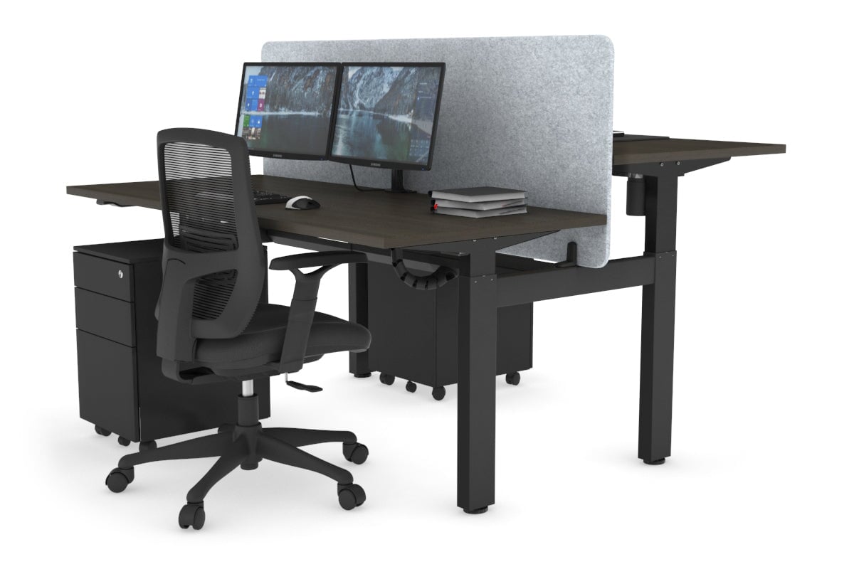 Just Right Height Adjustable 2 Person H-Bench Workstation - Black Frame [1600L x 700W] Jasonl dark oak light grey echo panel (820H x 1600W) black cable tray