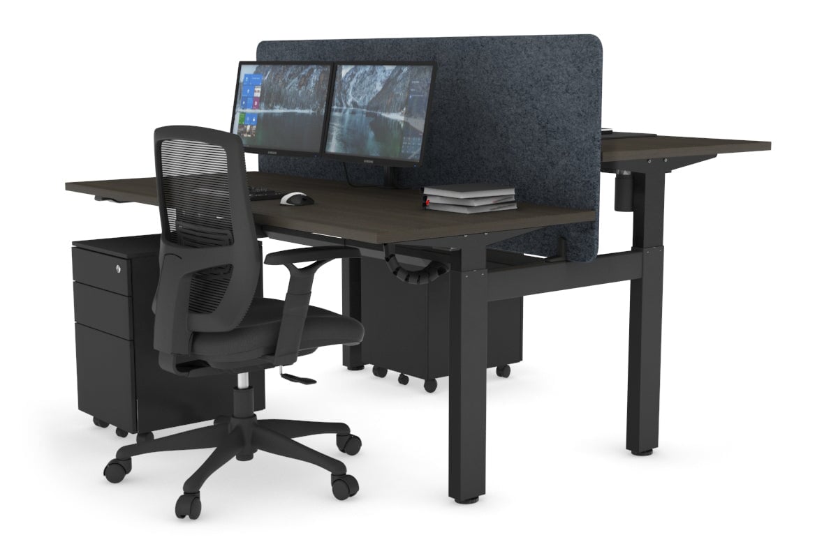 Just Right Height Adjustable 2 Person H-Bench Workstation - Black Frame [1600L x 700W] Jasonl dark oak dark grey echo panel (820H x 1600W) black cable tray