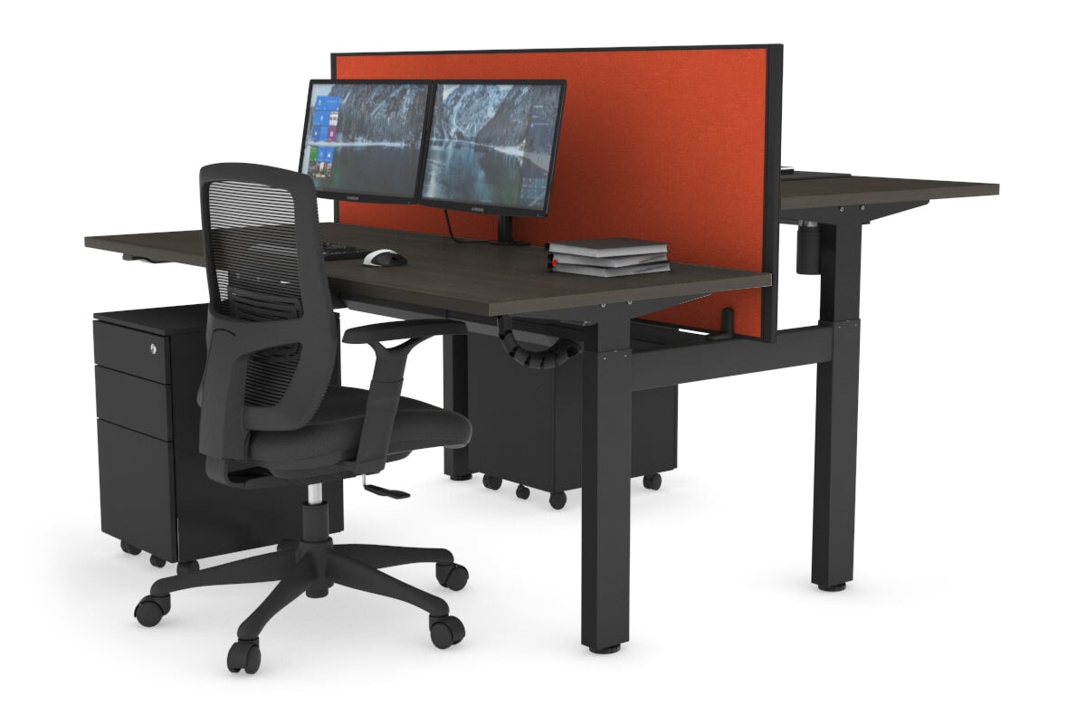 Just Right Height Adjustable 2 Person H-Bench Workstation - Black Frame [1600L x 700W] Jasonl dark oak squash orange (820H x 1600W) black cable tray