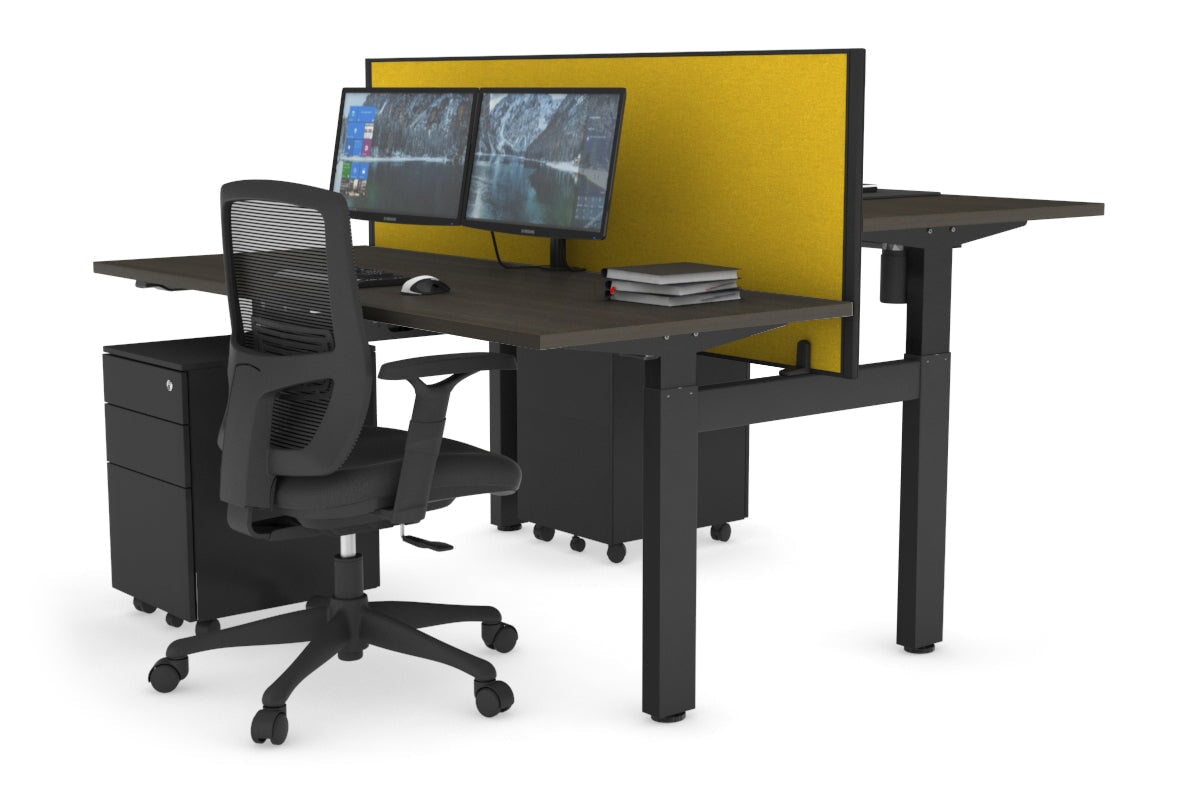 Just Right Height Adjustable 2 Person H-Bench Workstation - Black Frame [1600L x 700W] Jasonl dark oak mustard yellow (820H x 1600W) none