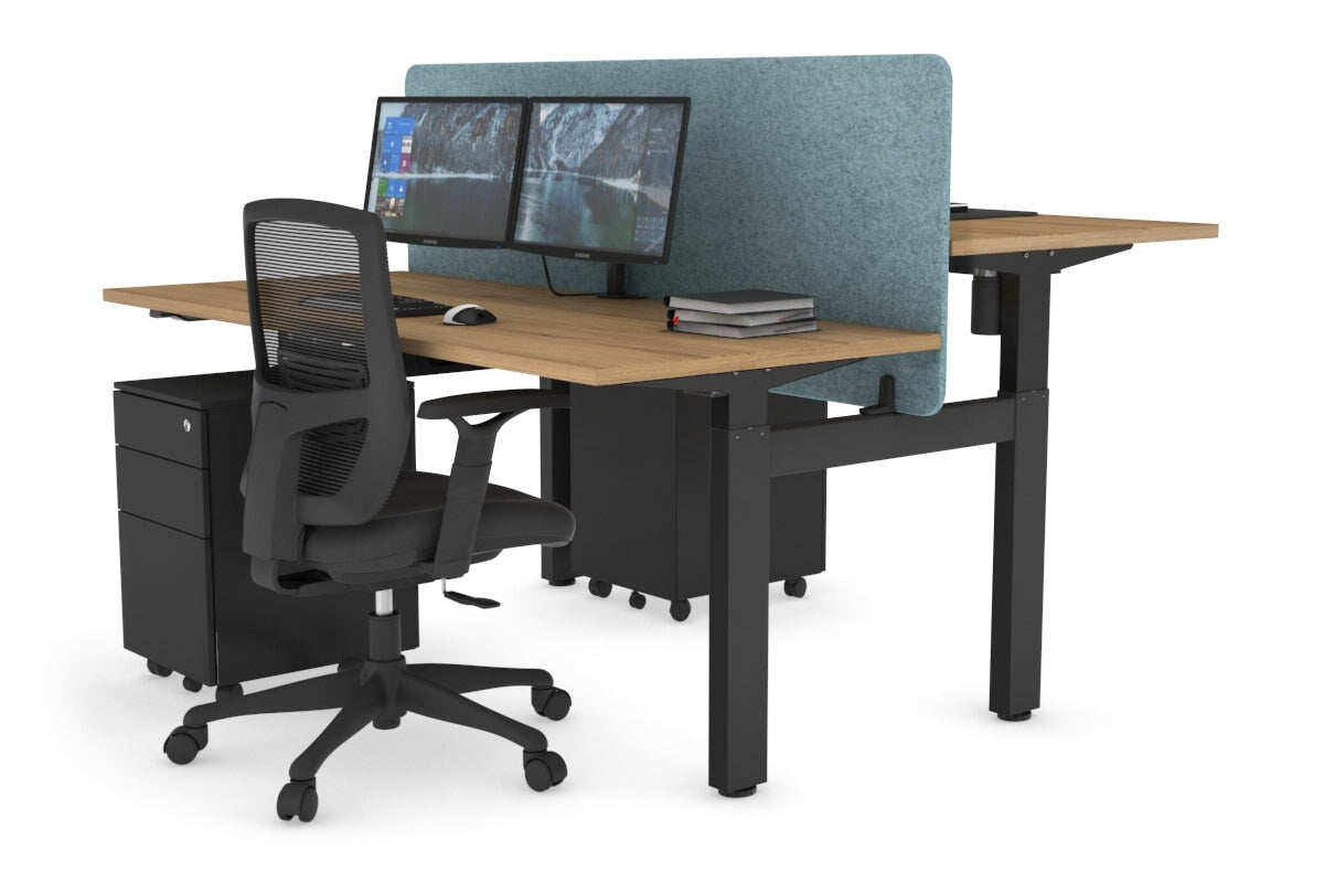 Just Right Height Adjustable 2 Person H-Bench Workstation - Black Frame [1600L x 700W] Jasonl salvage oak blue echo panel (820H x 1600W) none