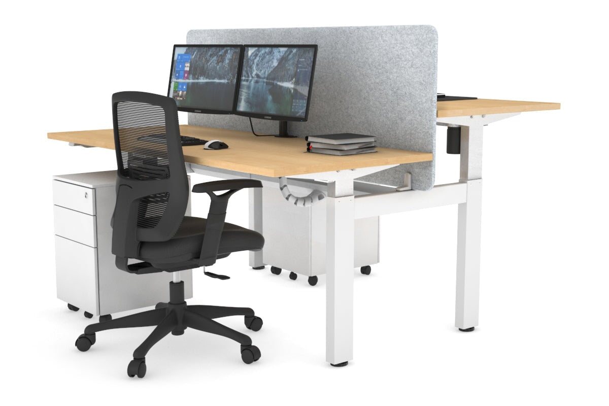 Just Right Height Adjustable 2 Person H-Bench Workstation - White Frame [1200L x 700W] Jasonl maple light grey echo panel (820H x 1200W) white cable tray