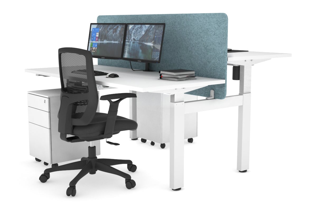 Just Right Height Adjustable 2 Person H-Bench Workstation - White Frame [1200L x 700W] Jasonl white blue echo panel (820H x 1200W) none