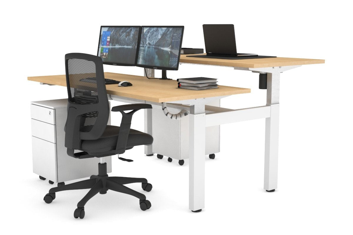 Just Right Height Adjustable 2 Person H-Bench Workstation - White Frame [1200L x 700W] Jasonl maple none white cable tray