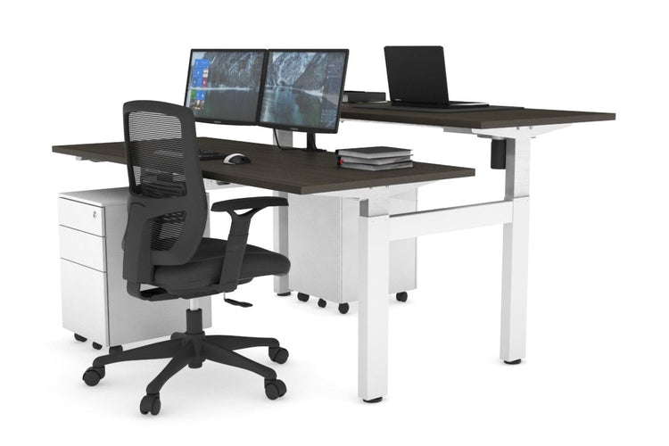 Just Right Height Adjustable 2 Person H-Bench Workstation - White Frame [1200L x 700W] Jasonl dark oak none none