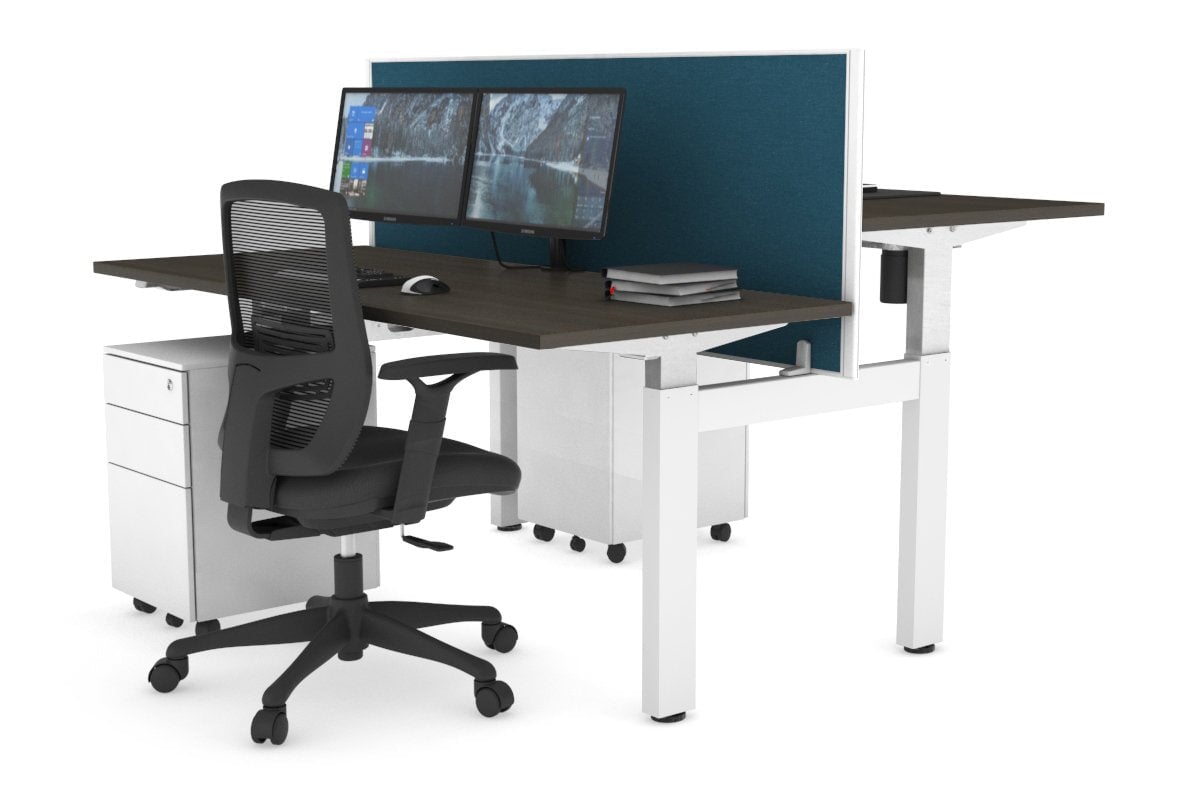 Just Right Height Adjustable 2 Person H-Bench Workstation - White Frame [1200L x 700W] Jasonl dark oak deep blue (820H x 1200W) none