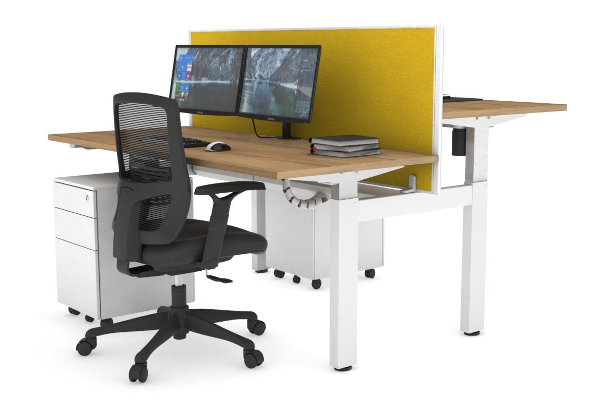 Just Right Height Adjustable 2 Person H-Bench Workstation - White Frame [1200L x 700W] Jasonl salvage oak mustard yellow (820H x 1200W) white cable tray