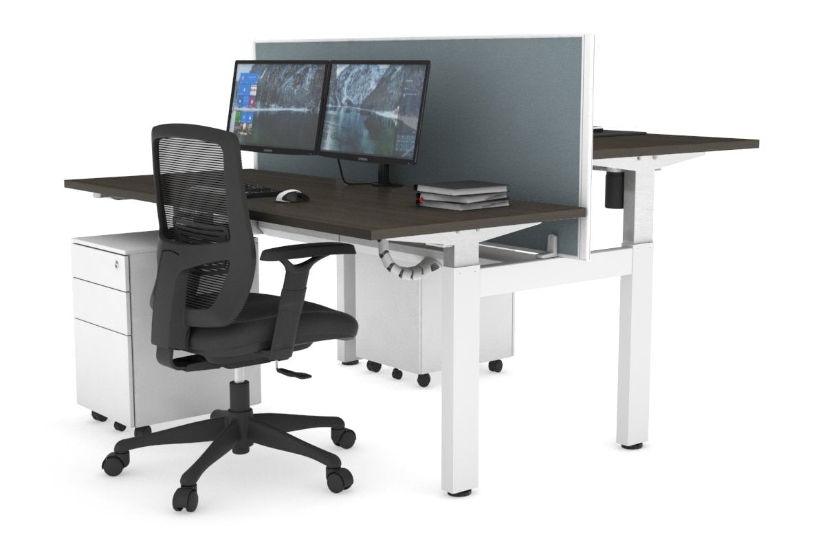 Just Right Height Adjustable 2 Person H-Bench Workstation - White Frame [1200L x 700W] Jasonl dark oak cool grey (820H x 1200W) white cable tray