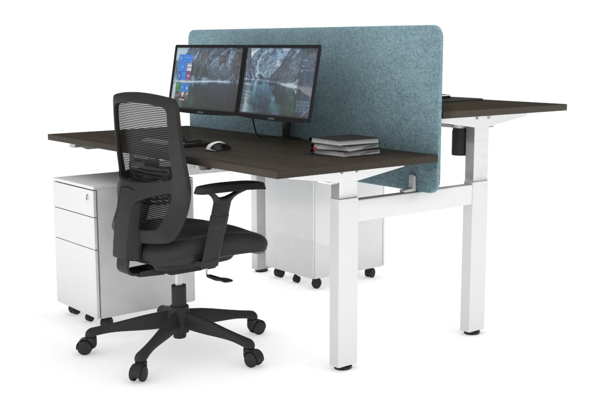 Just Right Height Adjustable 2 Person H-Bench Workstation - White Frame [1200L x 700W] Jasonl dark oak blue echo panel (820H x 1200W) none