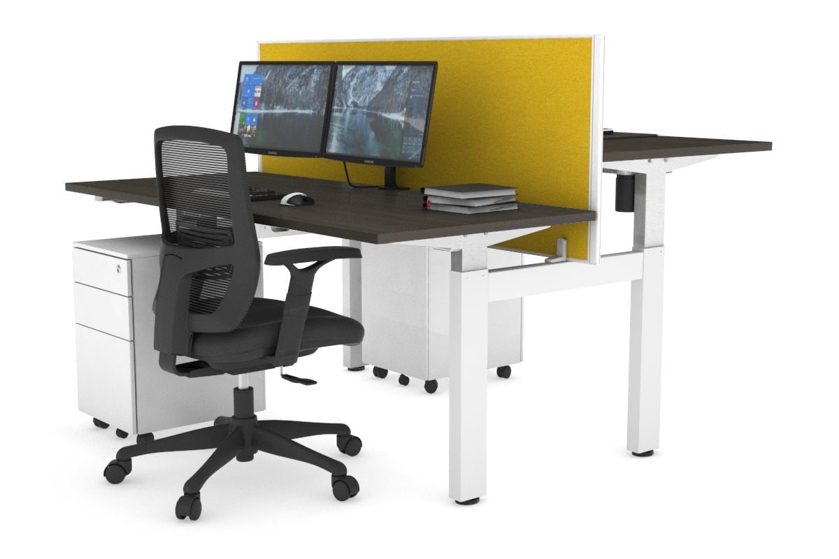 Just Right Height Adjustable 2 Person H-Bench Workstation - White Frame [1200L x 700W] Jasonl dark oak mustard yellow (820H x 1200W) none