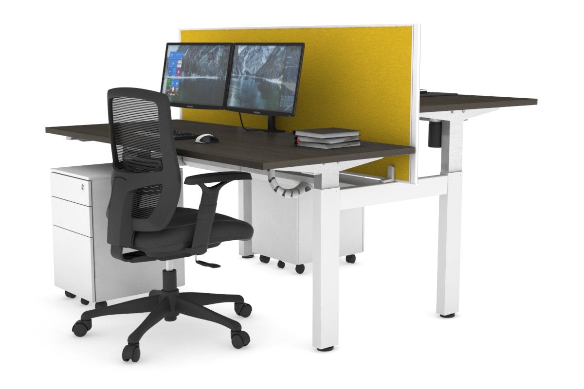 Just Right Height Adjustable 2 Person H-Bench Workstation - White Frame [1200L x 700W] Jasonl dark oak mustard yellow (820H x 1200W) white cable tray