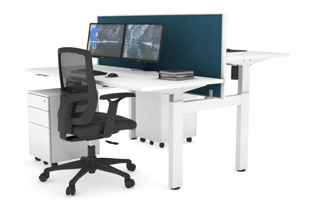 Just Right Height Adjustable 2 Person H-Bench Workstation - White Frame [1200L x 700W] Jasonl white deep blue (820H x 1200W) none