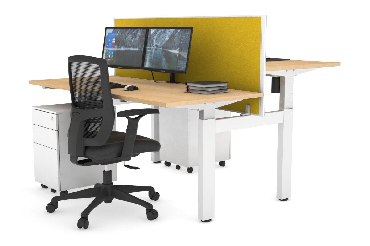 Just Right Height Adjustable 2 Person H-Bench Workstation - White Frame [1200L x 700W] Jasonl maple mustard yellow (820H x 1200W) none