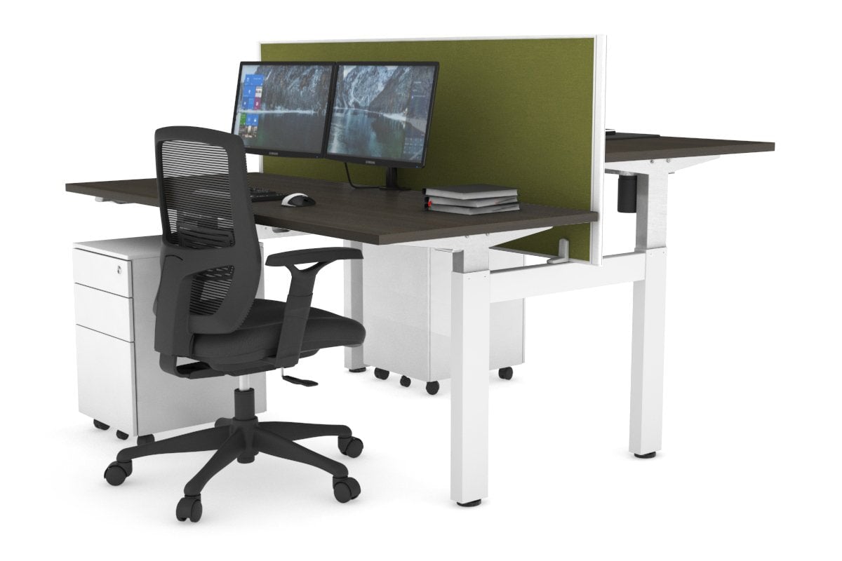 Just Right Height Adjustable 2 Person H-Bench Workstation - White Frame [1200L x 700W] Jasonl dark oak green moss (820H x 1200W) none