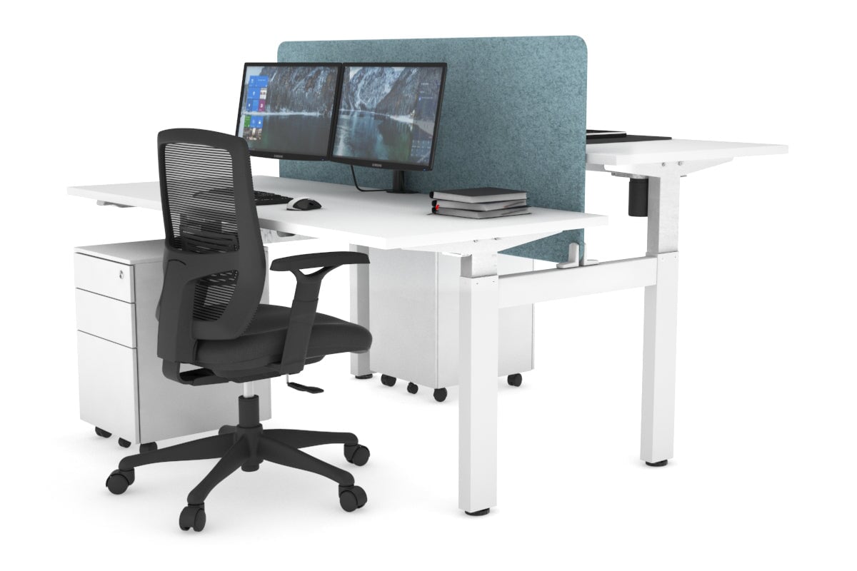 Just Right Height Adjustable 2 Person H-Bench Workstation - White Frame [1400L x 700W] Jasonl white blue echo panel (820H x 1200W) none