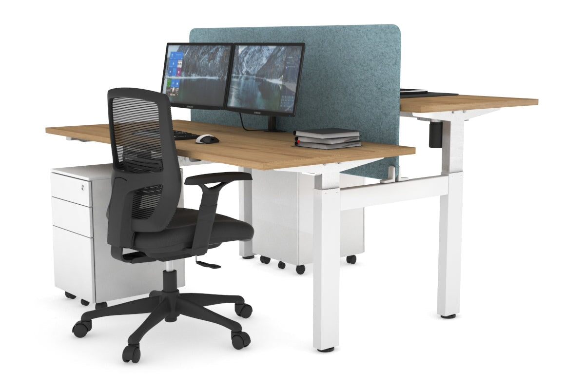 Just Right Height Adjustable 2 Person H-Bench Workstation - White Frame [1400L x 700W] Jasonl salvage oak blue echo panel (820H x 1200W) none