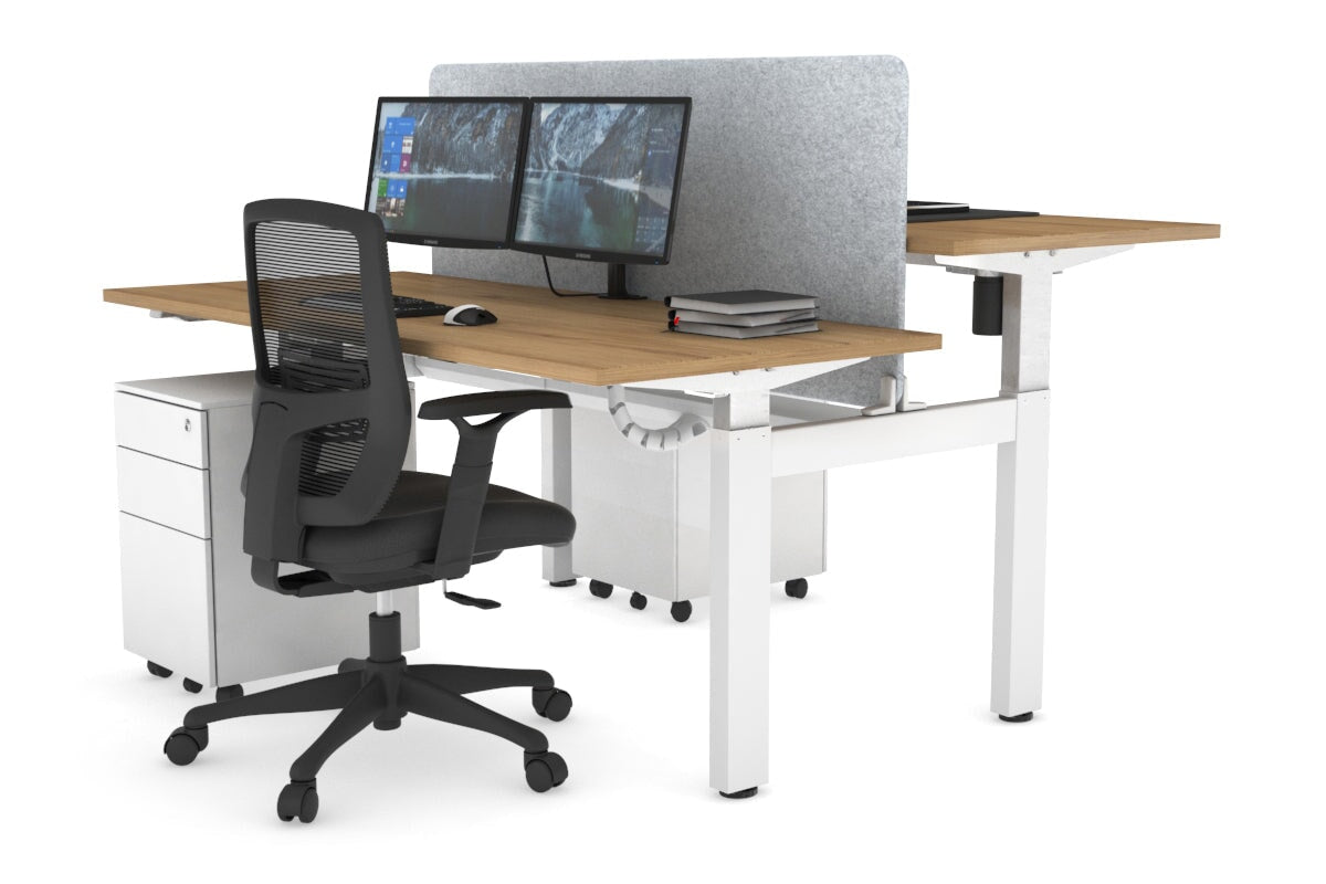 Just Right Height Adjustable 2 Person H-Bench Workstation - White Frame [1400L x 700W] Jasonl salvage oak light grey echo panel (820H x 1200W) white cable tray