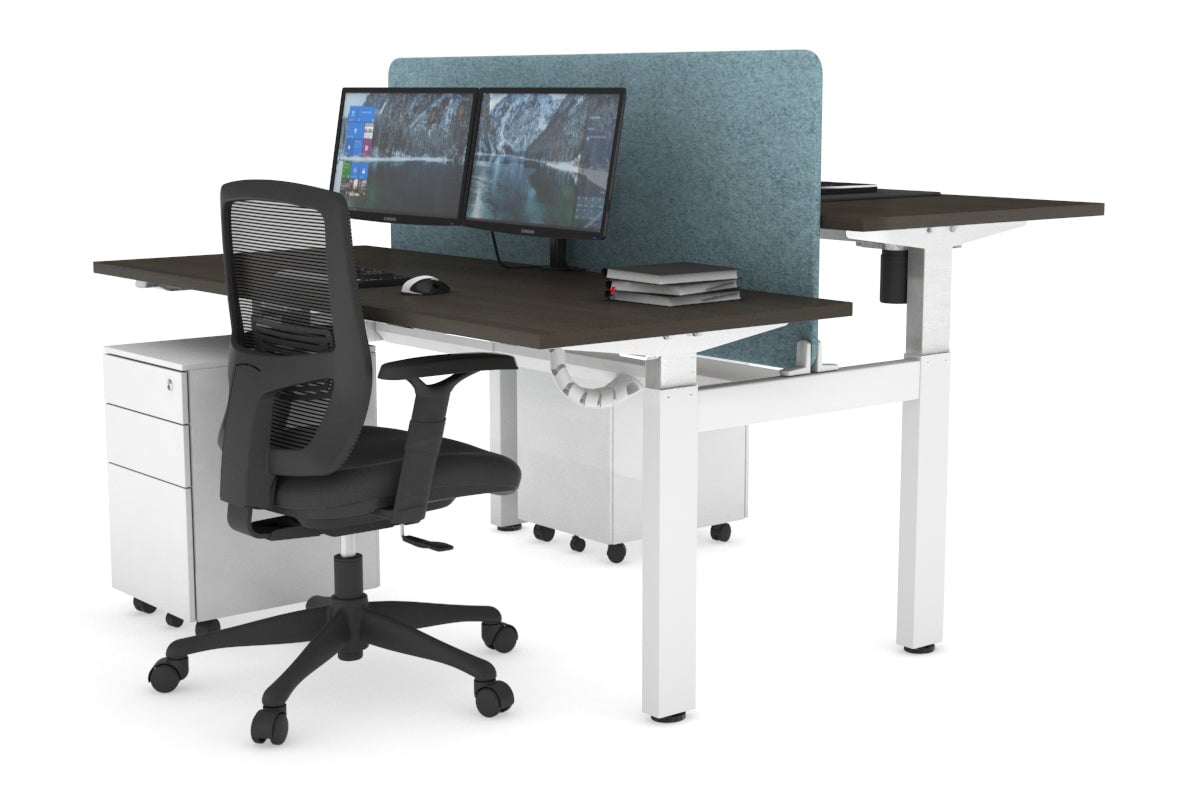 Just Right Height Adjustable 2 Person H-Bench Workstation - White Frame [1400L x 700W] Jasonl dark oak blue echo panel (820H x 1200W) white cable tray