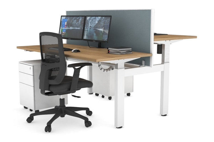 Just Right Height Adjustable 2 Person H-Bench Workstation - White Frame [1400L x 700W] Jasonl salvage oak cool grey (820H x 1400W) white cable tray