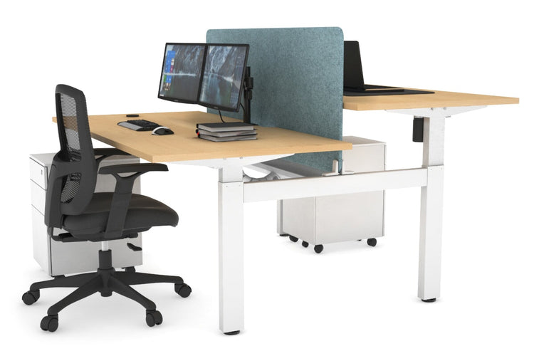 Just Right Height Adjustable 2 Person H-Bench Workstation - White Frame [1400L x 800W with Cable Scallop] Jasonl maple blue echo panel (820H x 1200W) white cable tray