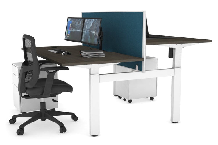 Just Right Height Adjustable 2 Person H-Bench Workstation - White Frame [1400L x 800W with Cable Scallop] Jasonl dark oak deep blue (820H x 1400W) none