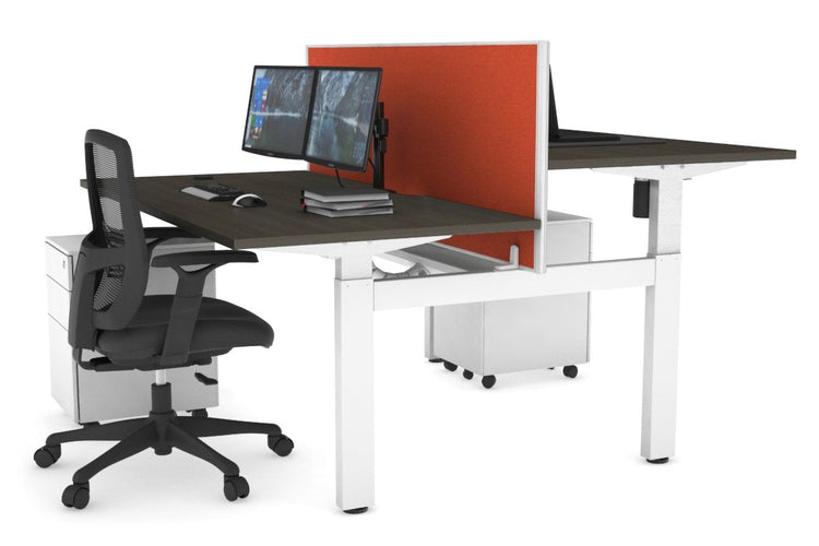 Just Right Height Adjustable 2 Person H-Bench Workstation - White Frame [1400L x 800W with Cable Scallop] Jasonl dark oak squash orange (820H x 1400W) white cable tray