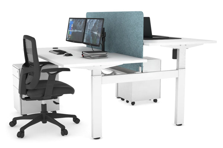 Just Right Height Adjustable 2 Person H-Bench Workstation - White Frame [1400L x 800W with Cable Scallop] Jasonl white blue echo panel (820H x 1200W) white cable tray