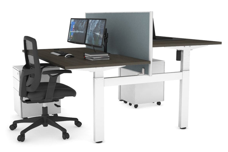 Just Right Height Adjustable 2 Person H-Bench Workstation - White Frame [1400L x 800W with Cable Scallop] Jasonl dark oak cool grey (820H x 1400W) none