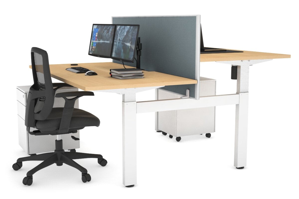 Just Right Height Adjustable 2 Person H-Bench Workstation - White Frame [1400L x 800W with Cable Scallop] Jasonl maple cool grey (820H x 1400W) none