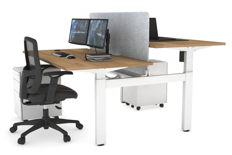 Just Right Height Adjustable 2 Person H-Bench Workstation - White Frame [1400L x 800W with Cable Scallop] Jasonl salvage oak light grey echo panel (820H x 1200W) white cable tray