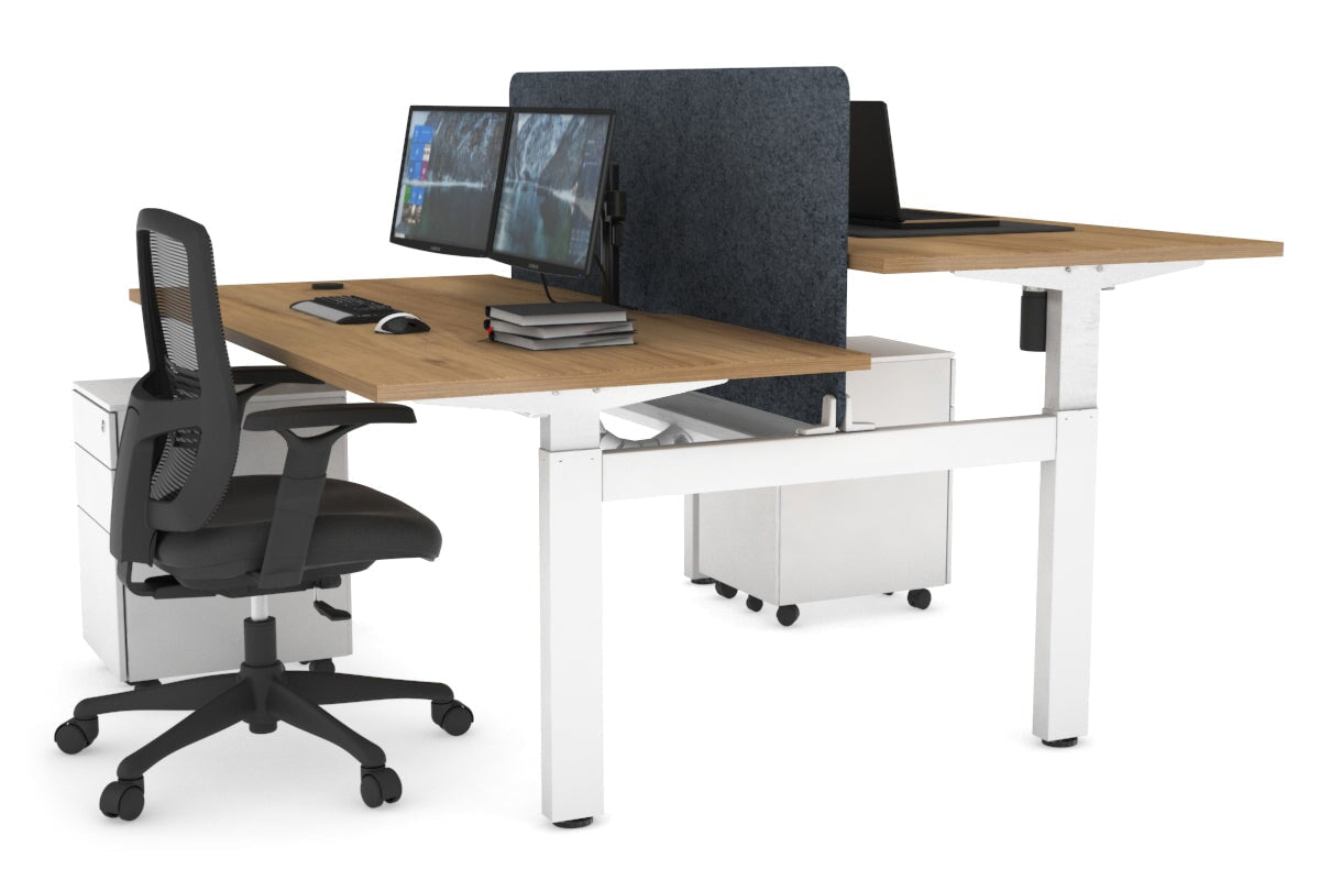 Just Right Height Adjustable 2 Person H-Bench Workstation - White Frame [1400L x 800W with Cable Scallop] Jasonl salvage oak dark grey echo panel (820H x 1200W) white cable tray