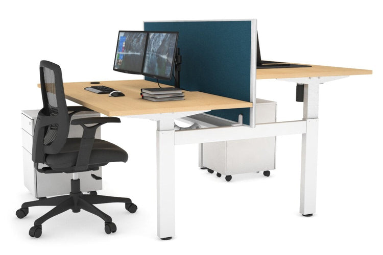 Just Right Height Adjustable 2 Person H-Bench Workstation - White Frame [1400L x 800W with Cable Scallop] Jasonl maple deep blue (820H x 1400W) white cable tray