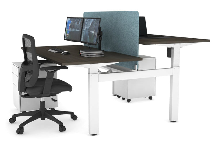 Just Right Height Adjustable 2 Person H-Bench Workstation - White Frame [1400L x 800W with Cable Scallop] Jasonl dark oak blue echo panel (820H x 1200W) white cable tray