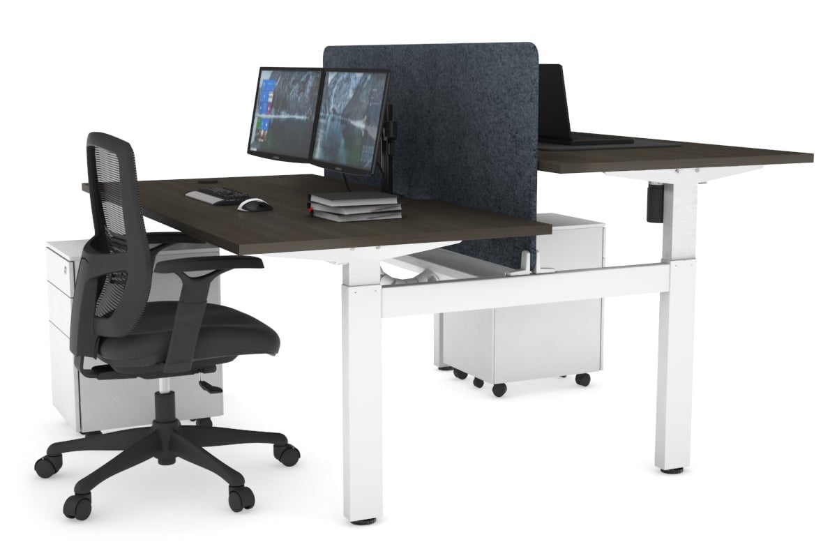 Just Right Height Adjustable 2 Person H-Bench Workstation - White Frame [1400L x 800W with Cable Scallop] Jasonl dark oak dark grey echo panel (820H x 1200W) white cable tray