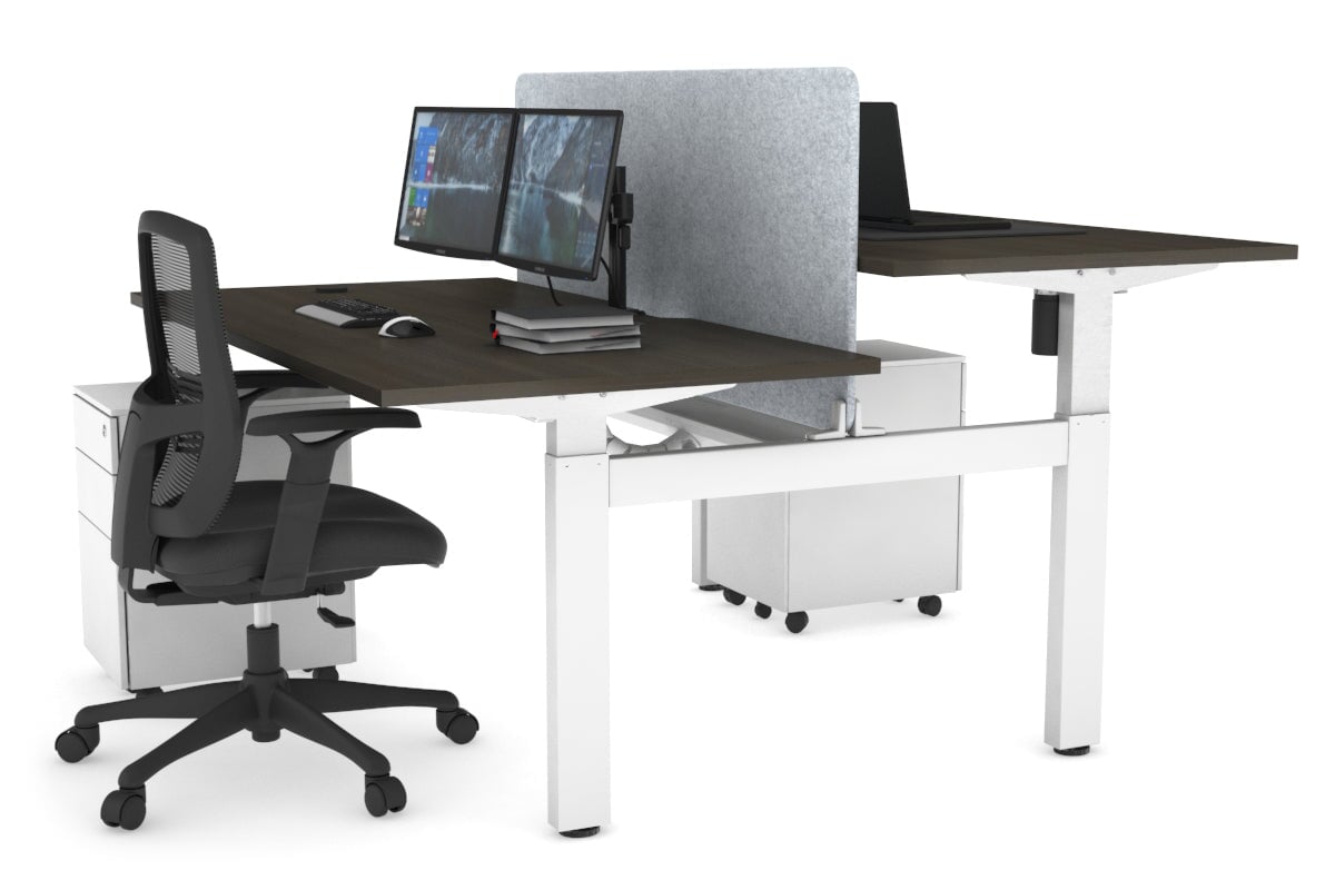 Just Right Height Adjustable 2 Person H-Bench Workstation - White Frame [1400L x 800W with Cable Scallop] Jasonl dark oak light grey echo panel (820H x 1200W) white cable tray