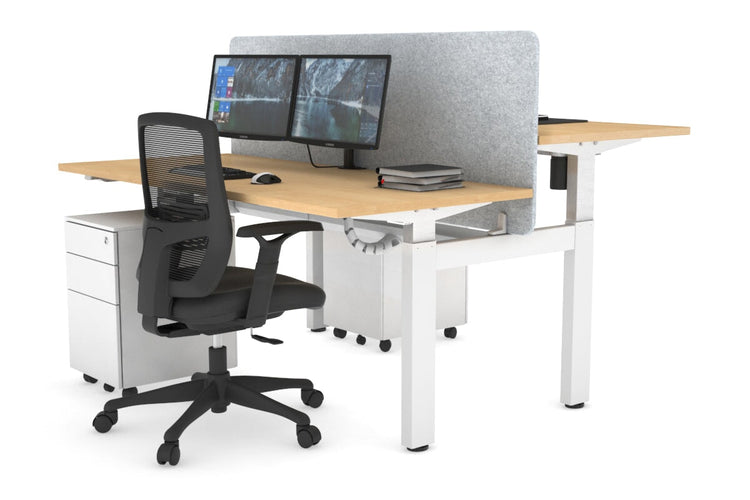 Just Right Height Adjustable 2 Person H-Bench Workstation - White Frame [1600L x 700W] Jasonl maple light grey echo panel (820H x 1600W) white cable tray