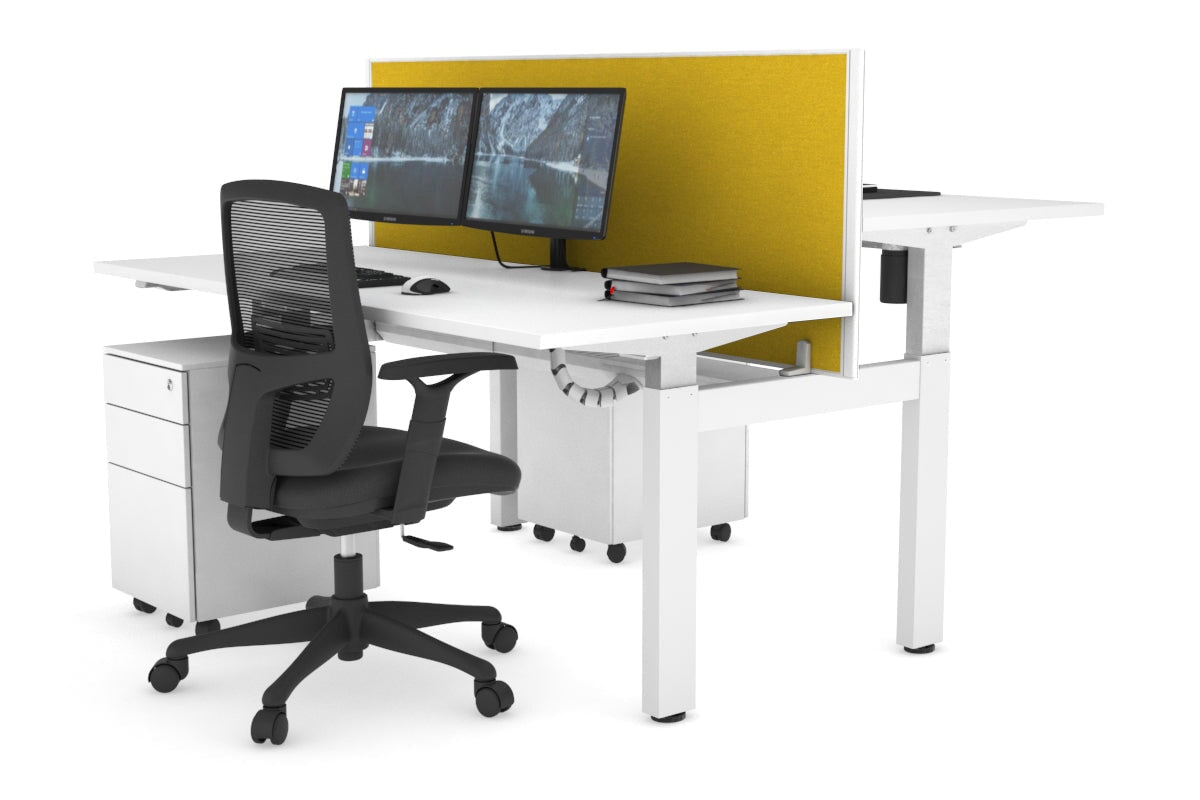 Just Right Height Adjustable 2 Person H-Bench Workstation - White Frame [1600L x 700W] Jasonl white mustard yellow (820H x 1600W) white cable tray