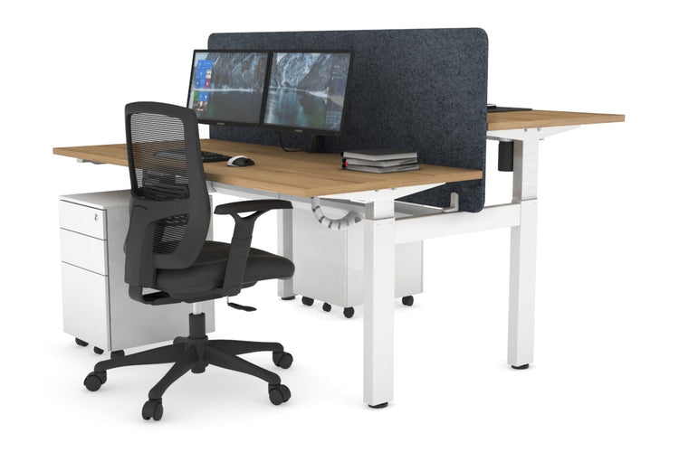 Just Right Height Adjustable 2 Person H-Bench Workstation - White Frame [1600L x 700W] Jasonl salvage oak dark grey echo panel (820H x 1600W) white cable tray