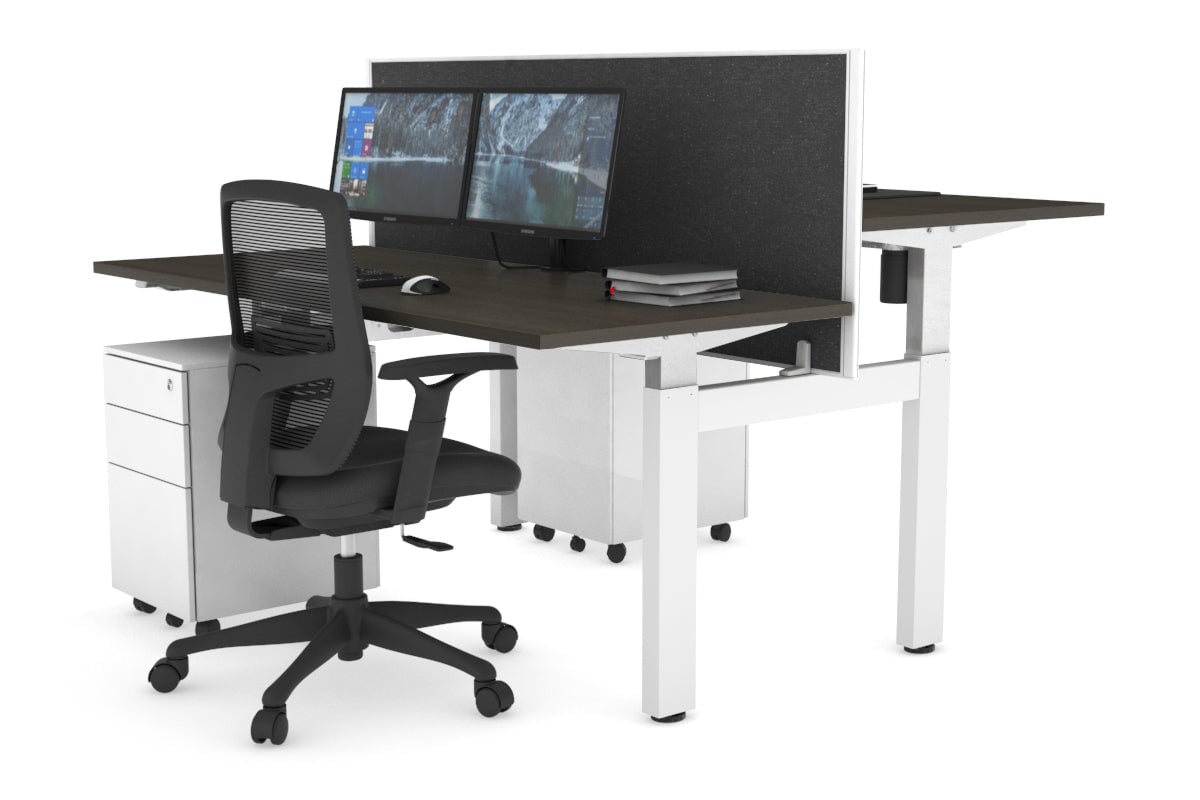 Just Right Height Adjustable 2 Person H-Bench Workstation - White Frame [1600L x 700W] Jasonl dark oak moody charcoal (820H x 1600W) none