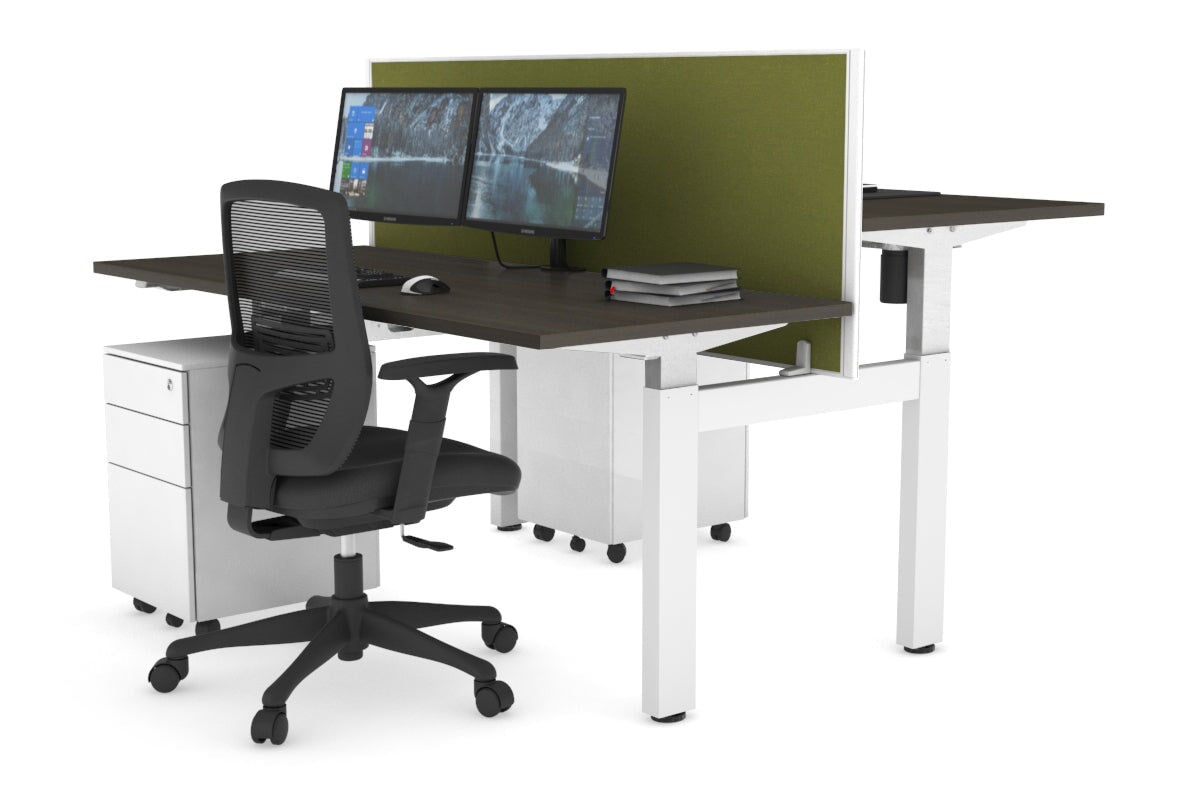 Just Right Height Adjustable 2 Person H-Bench Workstation - White Frame [1600L x 700W] Jasonl dark oak green moss (820H x 1600W) none